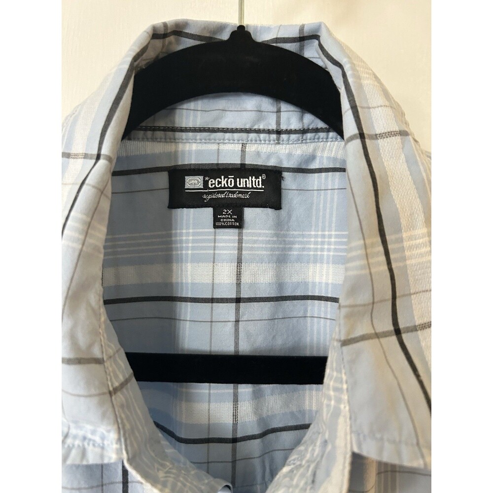 Ecko Unltd. Men's 2X Blue/White/Black Plaid Cotton Woven SS Button-Up Shirt - Picture 2 of 4
